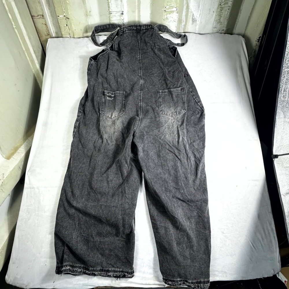 Womens Bib Overalls XXL Dark Gray Denim Relaxed Fit Adjustable Straps Distressed - Picture 2 of 16